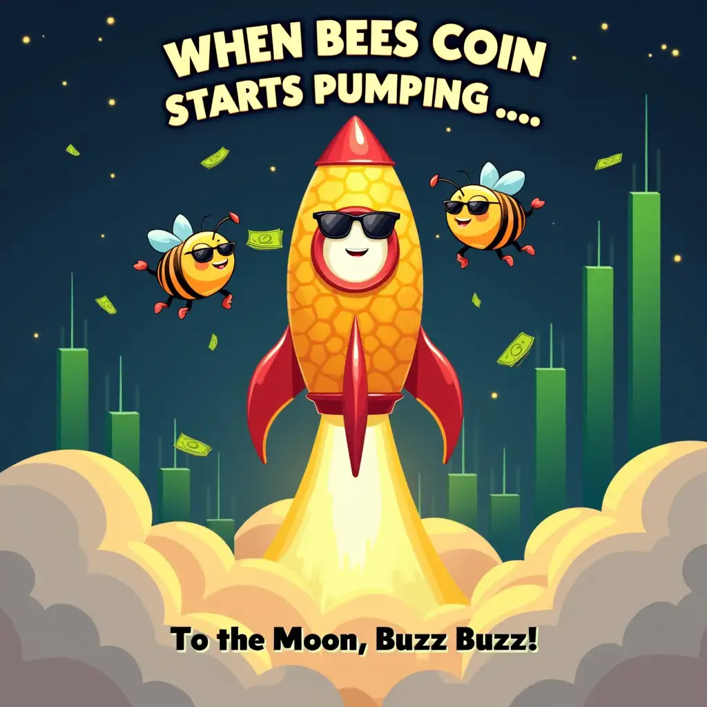 Top Text: 'When Bees Coin starts pumping...' Image: A rocket made of honeycombs blasting off to the moon, with bees wearing sunglasses and throwing money in the air. The background shows a huge green candlestick on the chart. Bottom Text: 'To the Moon, Buzz Buzz!'