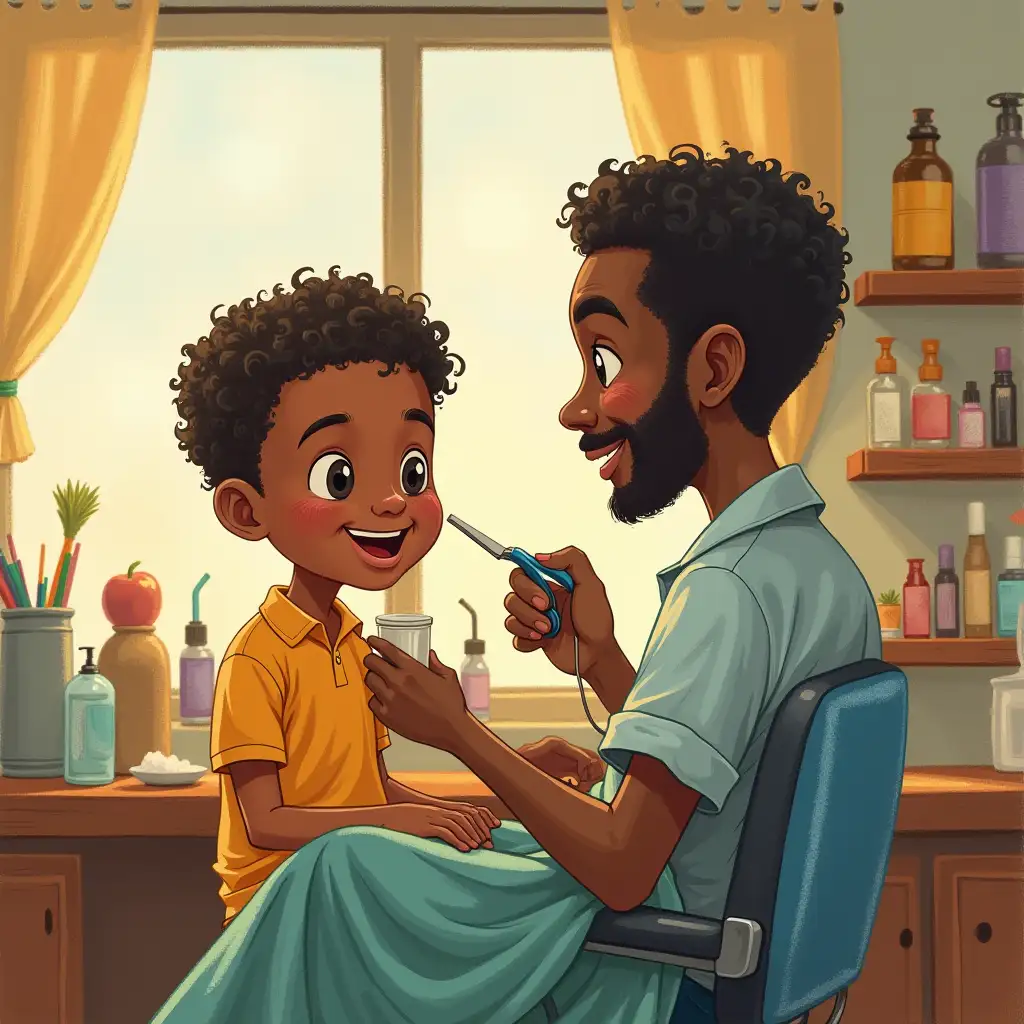 Barber Shop Scene Illustration of a Black Man and Boy