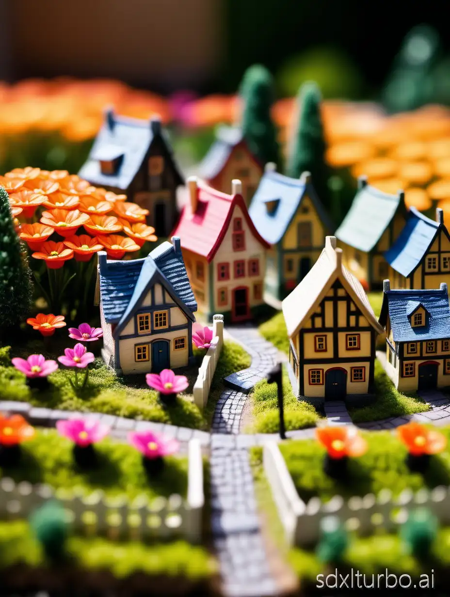 Macro shot of a miniature village located in the middle of a flower.