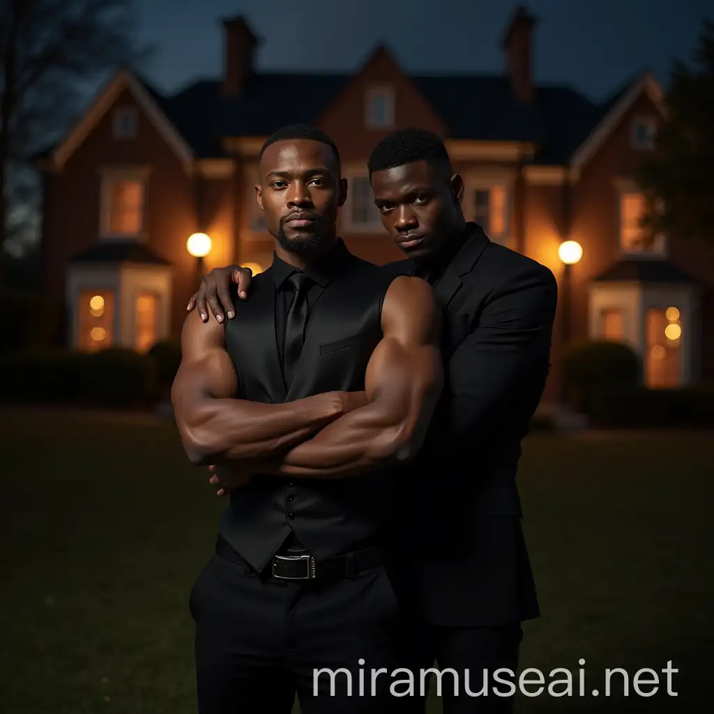 Urban Hip Hop Fashion African American Men Posing at Night Mansion