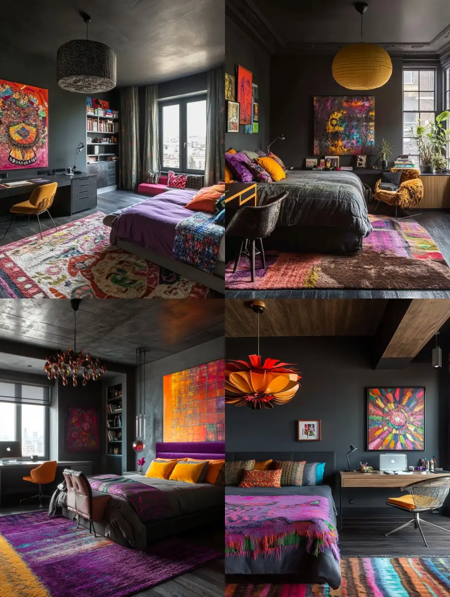 Eclectic-Bedroom-with-Modern-Furniture-and-Colorful-Art