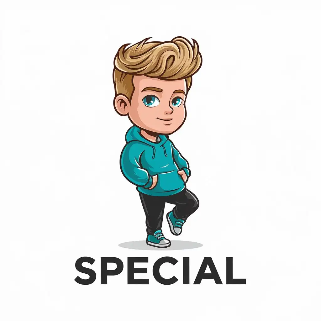 LOGO Design for Special Turquoise Hoodie Boy with Blond Hair Minimalistic Style