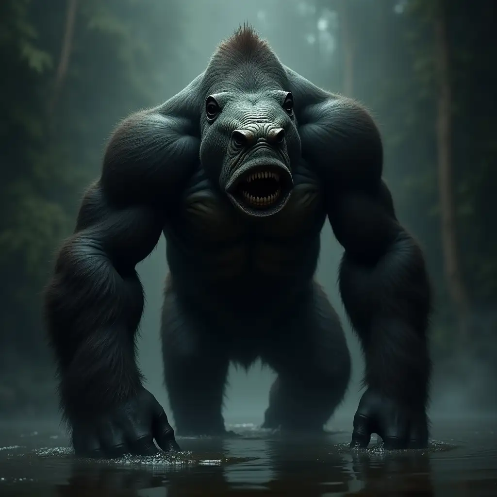 Imagine a dark, ominous hybrid creature that blends the raw power of a gorilla with the unsettling features of a fish. The creature should have the muscular, imposing body of a gorilla, covered in coarse fur, with massive, powerful arms and broad shoulders. However, where its head should be, instead of a gorilla’s face, it has the eerie, bulbous head of a fish, complete with shiny, scaled skin, sharp gills, and large, predatory eyes. The creature is standing in water, with the surface reflecting its menacing silhouette. The water should be murky, rippling around its massive feet, adding to the sense of danger and discomfort. The environment should be dark and foreboding, possibly with shadows or mist to enhance the creature's menacing presence. The image should convey both raw physicality and the unsettling, unnatural nature of this hybrid.