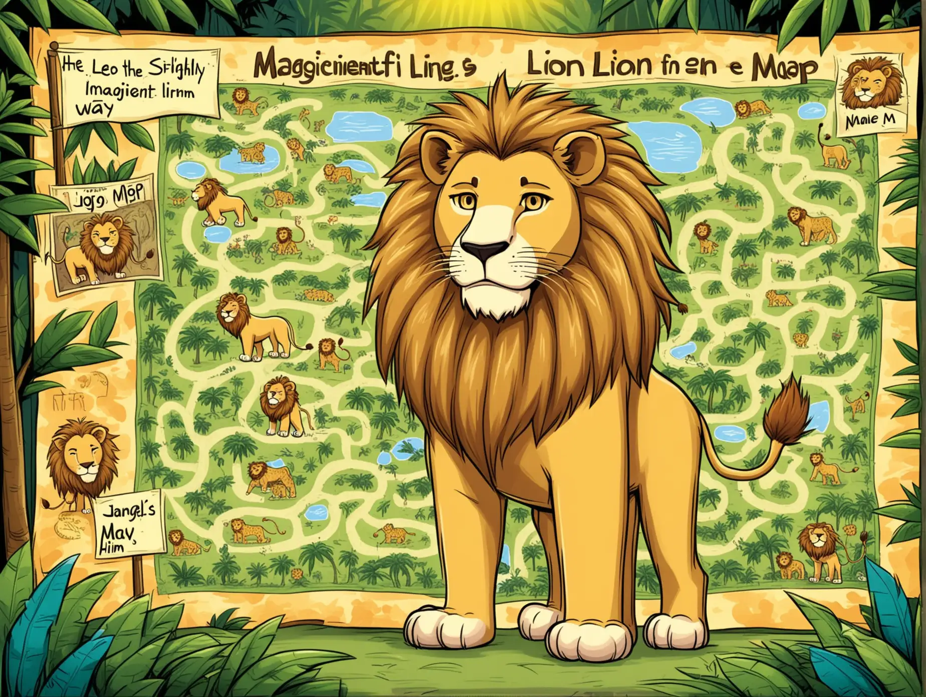 Cartoon Lion Standing in Front of Oversized Jungle Map