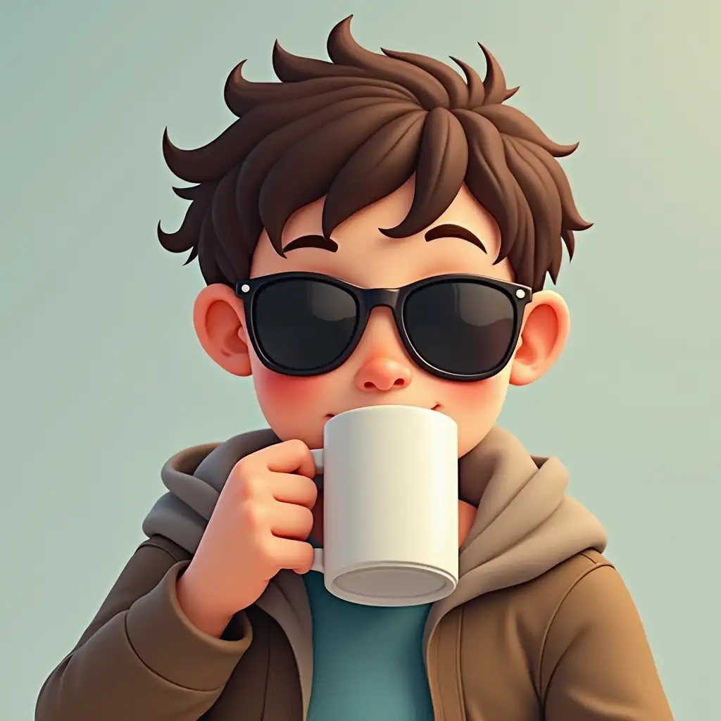 A boy wearing sunglasses, sipping coffee from a mug