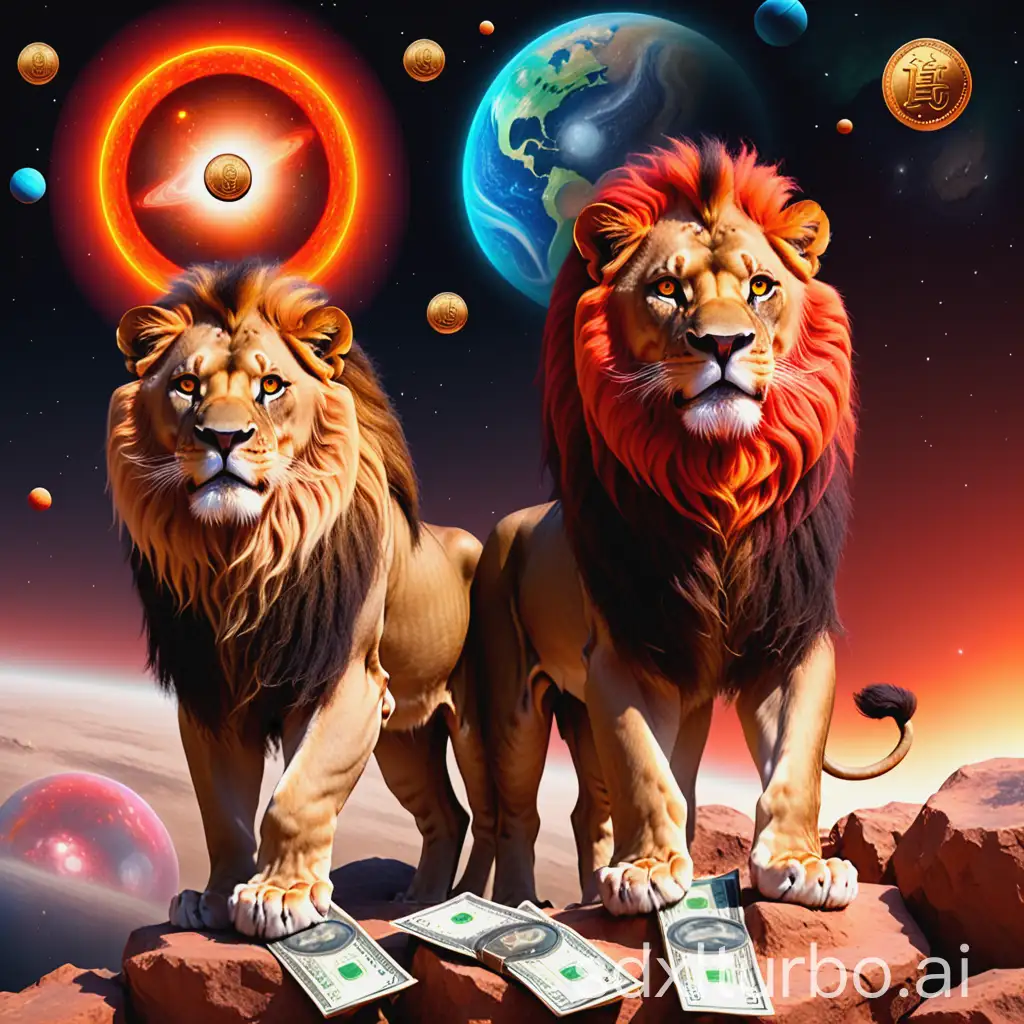 FieryEyed-Lions-Roaming-the-Cosmic-Sky-Amid-Wealth-of-Coins