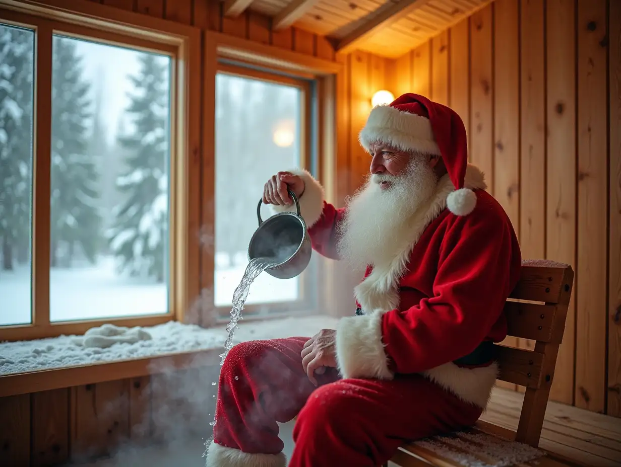 a cheerful Santa Claus in the sauna is going to pour water from a bucket on the back of a man who is steaming in this sauna, there are steam around, and one wall in the sauna is a panoramic window from floor to ceiling and from wall to wall