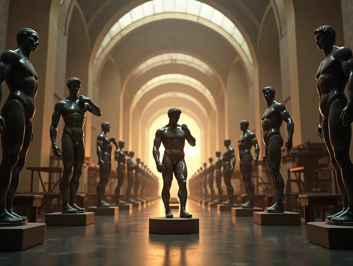 a surreal image of a giant workshop where robots on an assembly line create David's statues with large, bold circular patterns in the background. The lighting is soft and warm, highlighting the figure's shape while creating contrast with abstract forms.