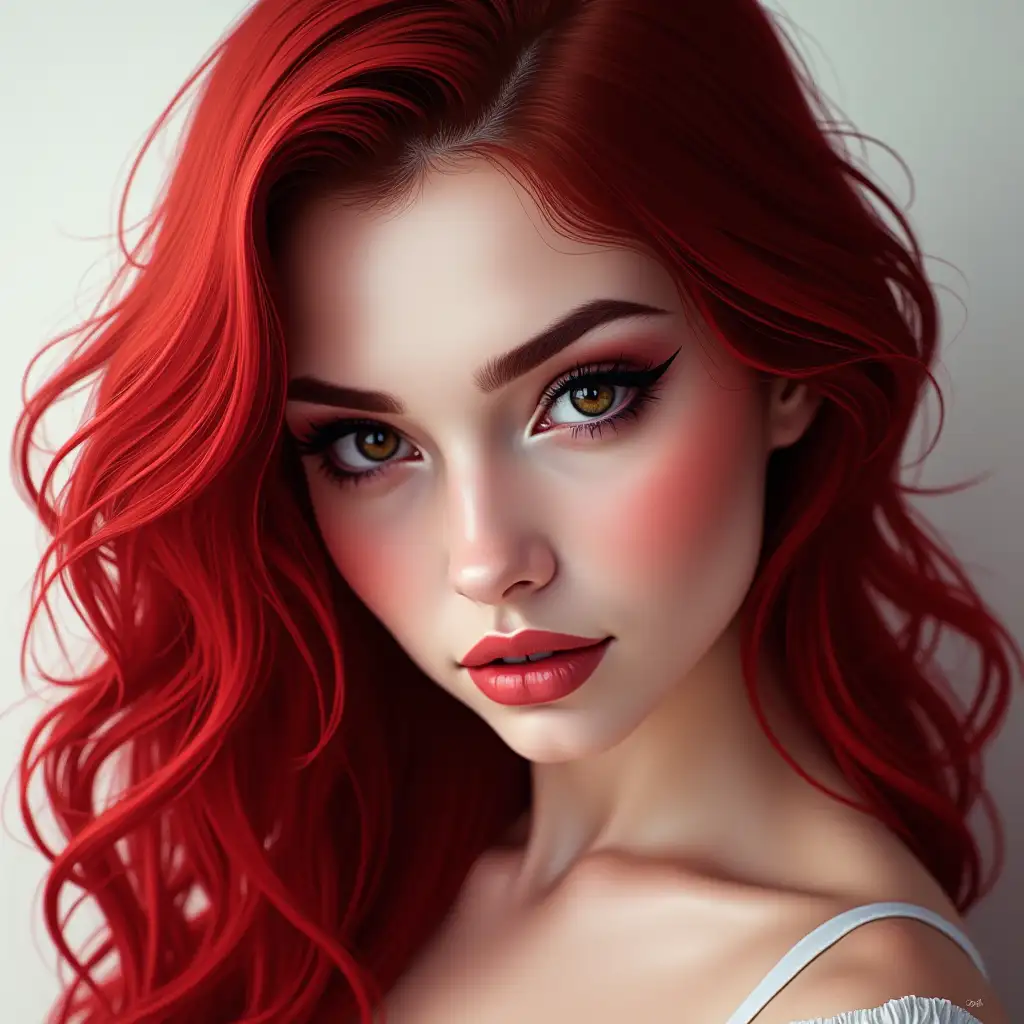 Depiction of a beautiful white woman with long red and black mix