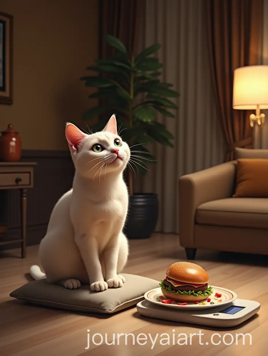 Healthy-Cat-Eating-Burger-in-Luxurious-Room