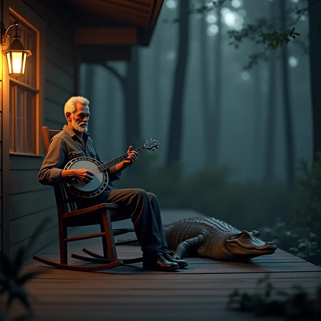 Vieil-Homme-Arm-au-Banjo-sur-un-Porche-Western-Low-Poly-dans-une-Fort-Brumeuse