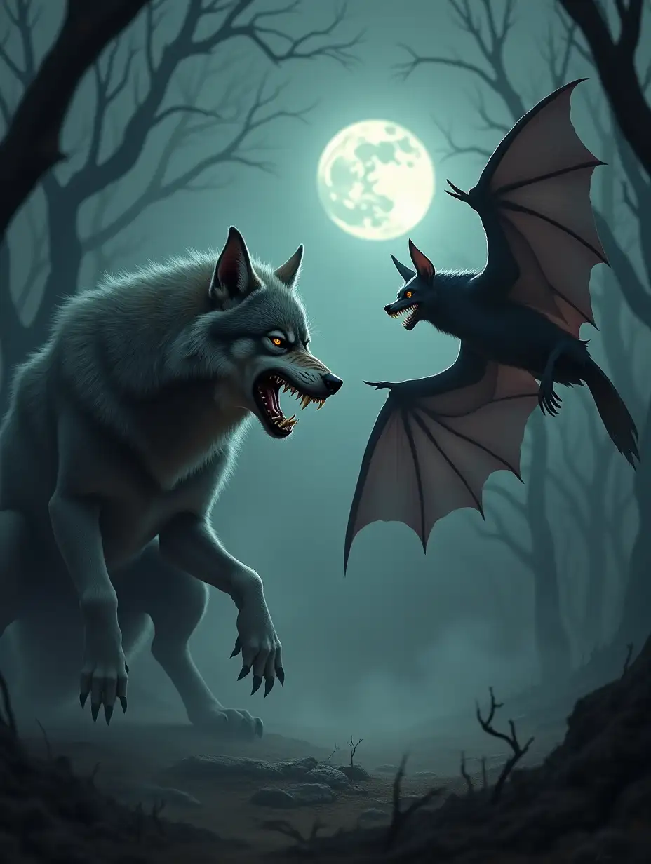 Create an image where a large, fierce wolf and a bat with outstretched wings are positioned facing each other, both in an angry and aggressive stance. The wolf should be growling, showing its sharp teeth, with its ears flattened and fur bristling. The bat should have its wings spread wide, revealing its sharp claws and showing its teeth, ready to strike. Both animals should have intense, glaring eyes, exuding a menacing energy. The background should feature a dark, eerie forest with twisted trees, fog rolling across the ground, and a pale moon hanging ominously in the sky. The full bodies of both animals should be clearly visible within the frame, emphasizing their hostility.