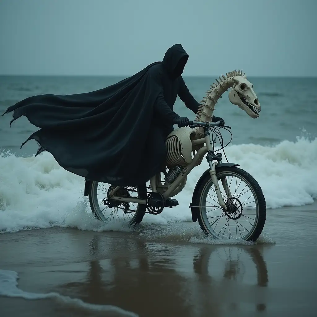 Hyper realistic representation: Dark seaside with strong waves, A bicycle made from the skeleton of a white horse and a screaming man in a long, flowing black cloak rides on it