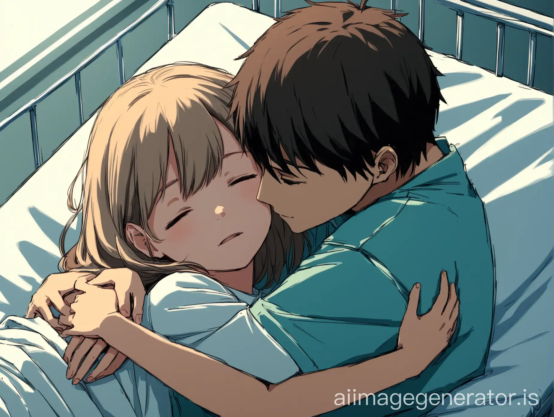 A girl is lying on a hospital bed, hugging a boy next to her, with a two-dimensional style