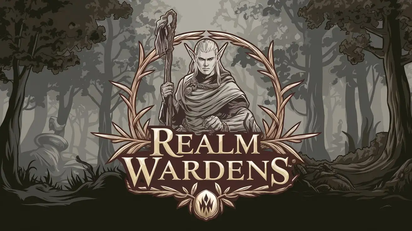 Fantasy RPG Logo for Realm Wardens Featuring Elven Themes and Dragon Aesthetics