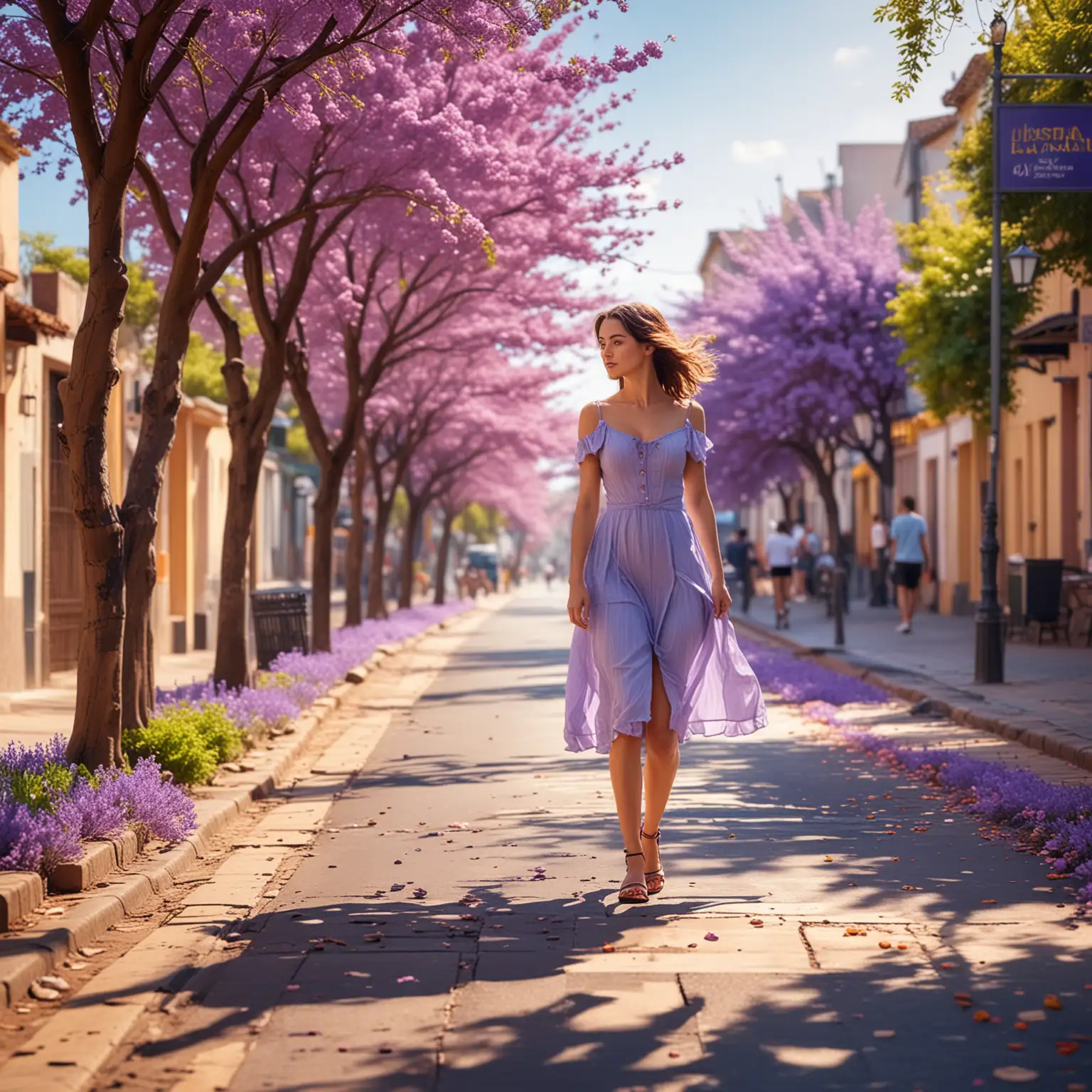 high quality, 8K Ultra HD, masterpiece, realistic photo, wash technique, colorful, pale touch, smudged outline, stunning Tilt-Shift Photo, a beautiful woman with Jacaranda walking on street, full body, diorama effect, sunny day