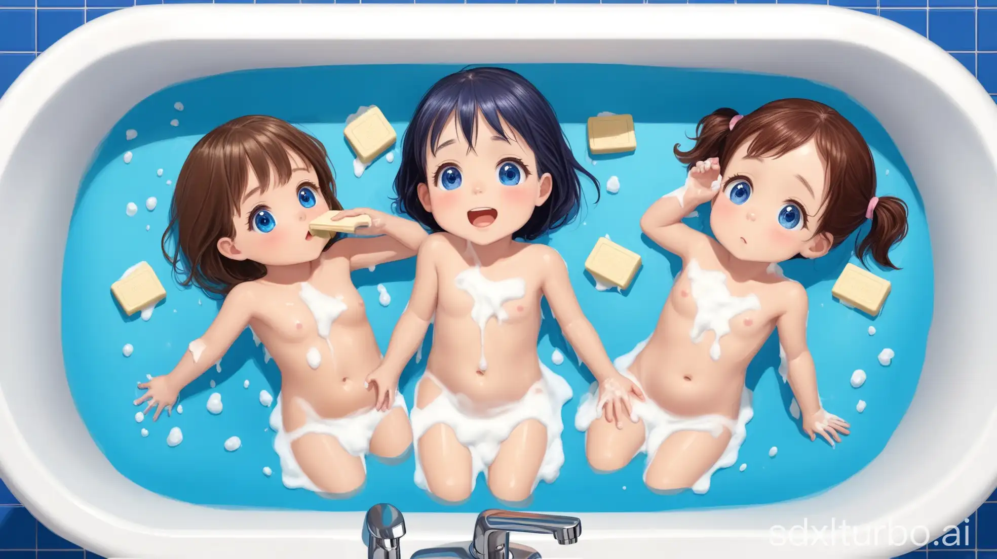 3 little girls barely fitting in plastic preschool bathtub top view sharing one soap bar washing each other blue tile