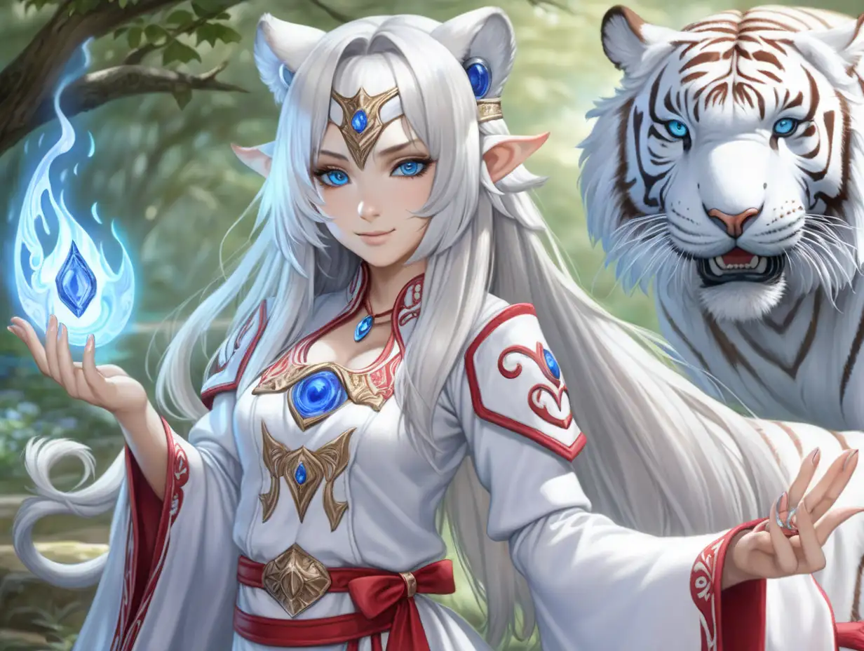 (((white mage's uniform))), ((mage woman)), ((white tiger ears)), white long hair, (only 1 woman), (blue demon's eyes), ((плоские зрачки)), ((without humans ears)), ((beautiful face)), lightly smile, (full body), country's atmosphere 