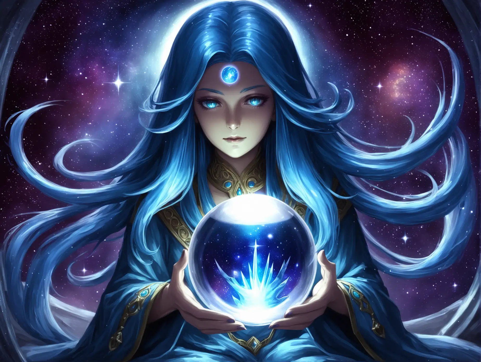 Female, blue hair, crystal ball, seer, galaxy