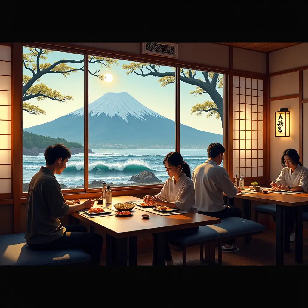 Enjoying-Sushi-at-a-Japanese-Restaurant-with-a-View-of-Mount-Fuji