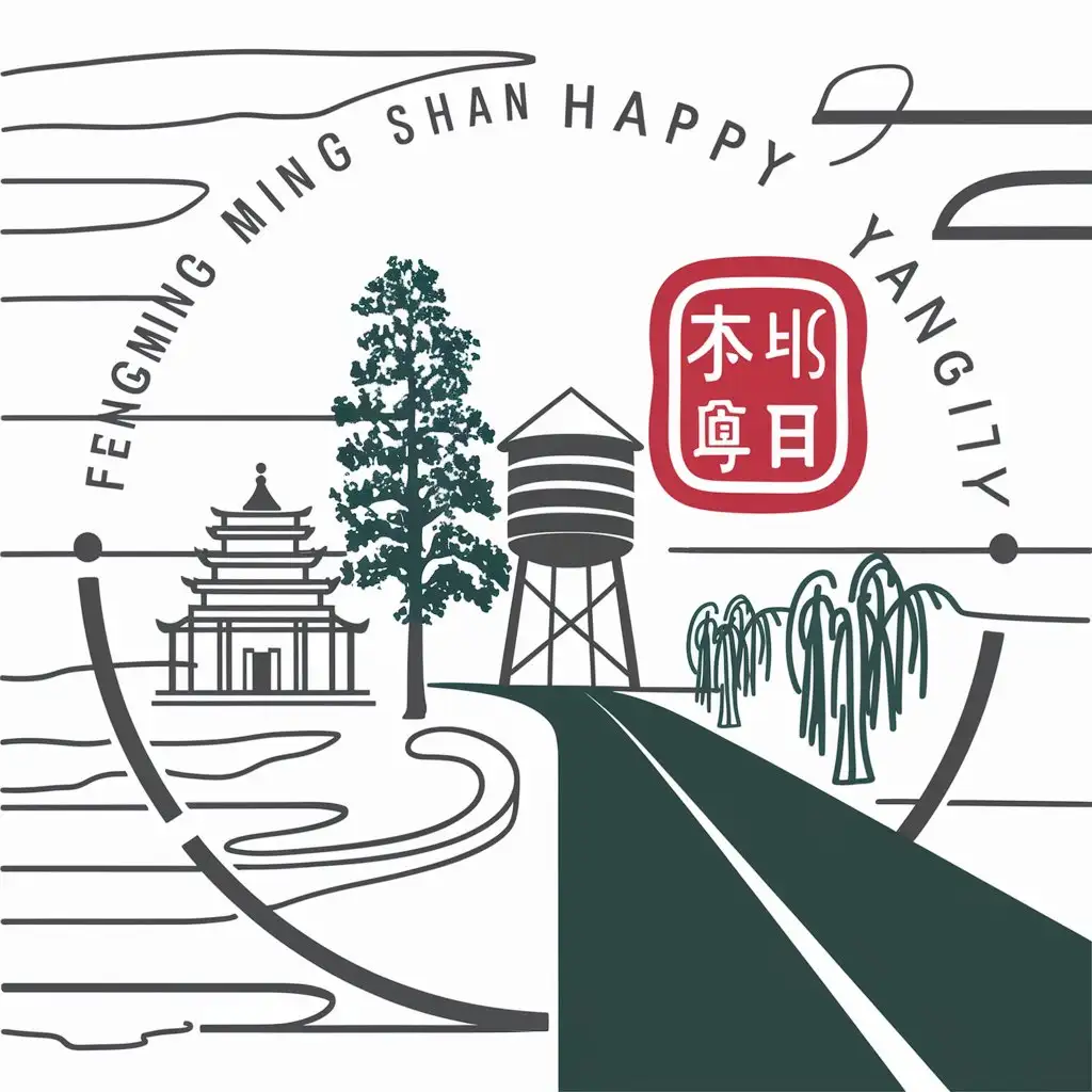 a vector logo design,with the text "Fengming Ming Shan happy Yang Liu", main symbol:Design in a circular virtual space with simple pen lines. Nearby is a temple, and next to it is a tall Chinese elm tree that is taller than the temple. In the distance is a large cylindrical water tower with a big top and small bottom. A big road, three willow trees on the side. Above, a red-bottomed white-character seal with the words 'Yanglin Village' written vertically. The lines are gray. The road is solid green.,Minimalistic,be used in rural area industry,clear background