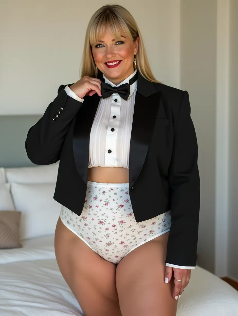 Smiling-MiddleAged-Caucasian-Woman-in-Formal-Orchestra-Tuxedo-with-High-Heels-in-White-Bedroom