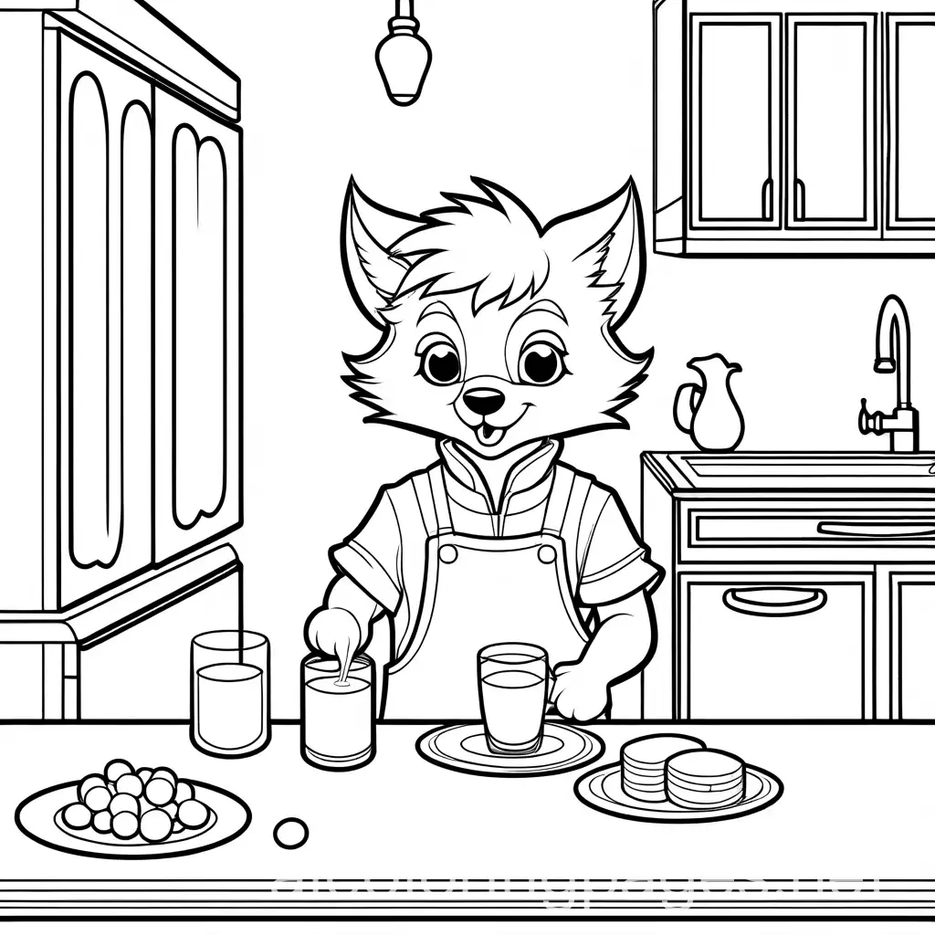 a small and cute werewolf in a kitchen drinking some milk, zoom over the werewolf, coloring page, black and white, line art, white background, The background of the coloring page is plain white to make it easy for young children to color within the lines. The outlines of all the subjects are easy to distinguish, making it simple for kids to color without too much difficulty, Coloring Page, black and white, line art, white background, Simplicity, Ample White Space. The background of the coloring page is plain white to make it easy for young children to color within the lines. The outlines of all the subjects are easy to distinguish, making it simple for kids to color without too much difficulty