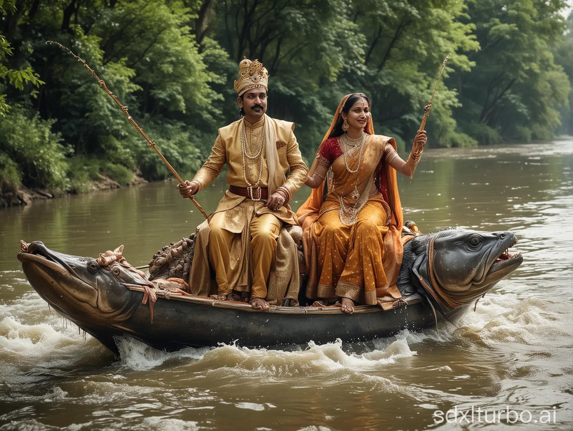 An Indian king riding in river, having fish in one hand and wife in other hand