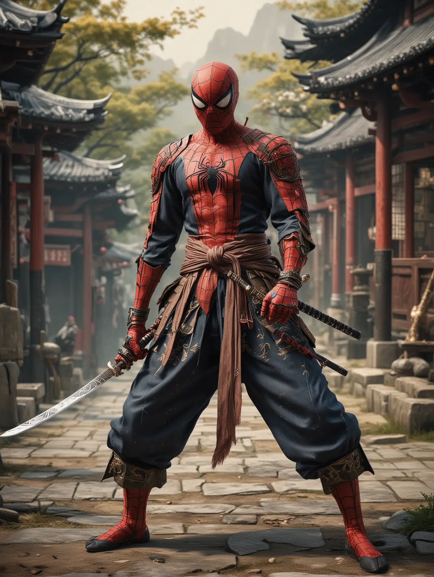 whimsical style of A fantastical of The Spiderman in cosplaying wears japanese samurai attire outfit style, standing in fighting moves pose, holding katana, in medieval japanese kingdom background. Hyperrealistic and hyperdetailed elements, impressionistic masterpiece dan