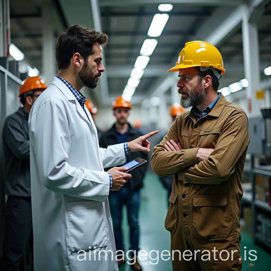 In an industrial workshop, a quality engineer in a white coat, holding a tablet, points to a machine while a operational technician in work clothes crosses his arms, looking visibly irritated. The engineer seems to insist on a procedure, while the technician retorts firmly, illustrating a disagreement on the application of quality standards. In the background, colleagues observe the scene, witnessing a palpable tension.