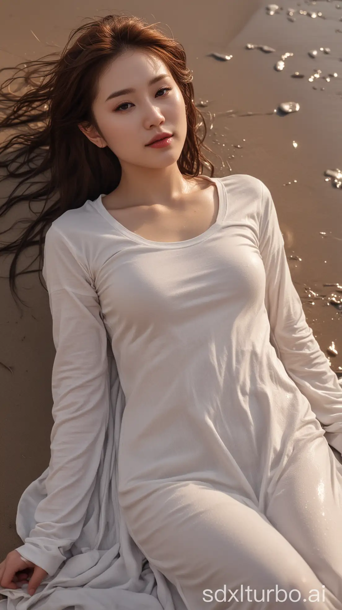 Chinese-Woman-in-Wet-Winter-Outfit-Lying-on-the-Beach-at-Sunset