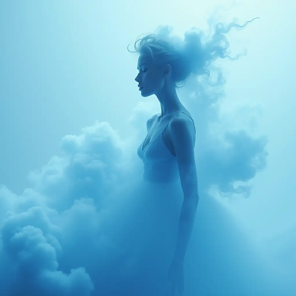 A faint blue, smoke-like haze is coming out from the ice, with a color like the sea and a fragrance like orchid, gradually taking on the shape of a woman's figure.