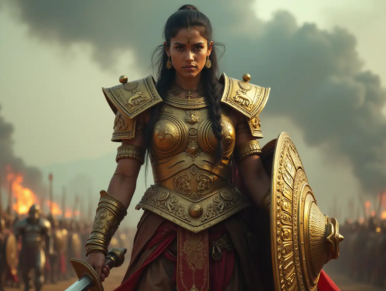 Create a highly detailed 4K Realistic Cinematic image of a towering Indian muscular giant queen, ready for battle. She stands confidently in a battlefield, wearing intricately designed golden armor adorned with ancient Indian motifs, including engravings of lions and elephants. Her face is fierce yet graceful, with piercing eyes, a determined expression, and long flowing hair tied in a warrior's braid. She wields a massive, ornately carved sword in one hand and a large, decorated shield in the other. The background depicts a dramatic battlefield with stormy skies, distant armies, and the smoke of war. The overall atmosphere is intense, heroic, and epic. bright color.