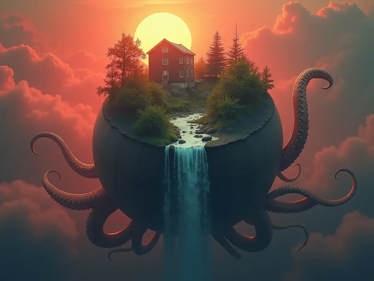 Create a globe with a building, forest, and waterfall emerging from the top half, held by a giant squid with its tentacles, overview of red fog and sun