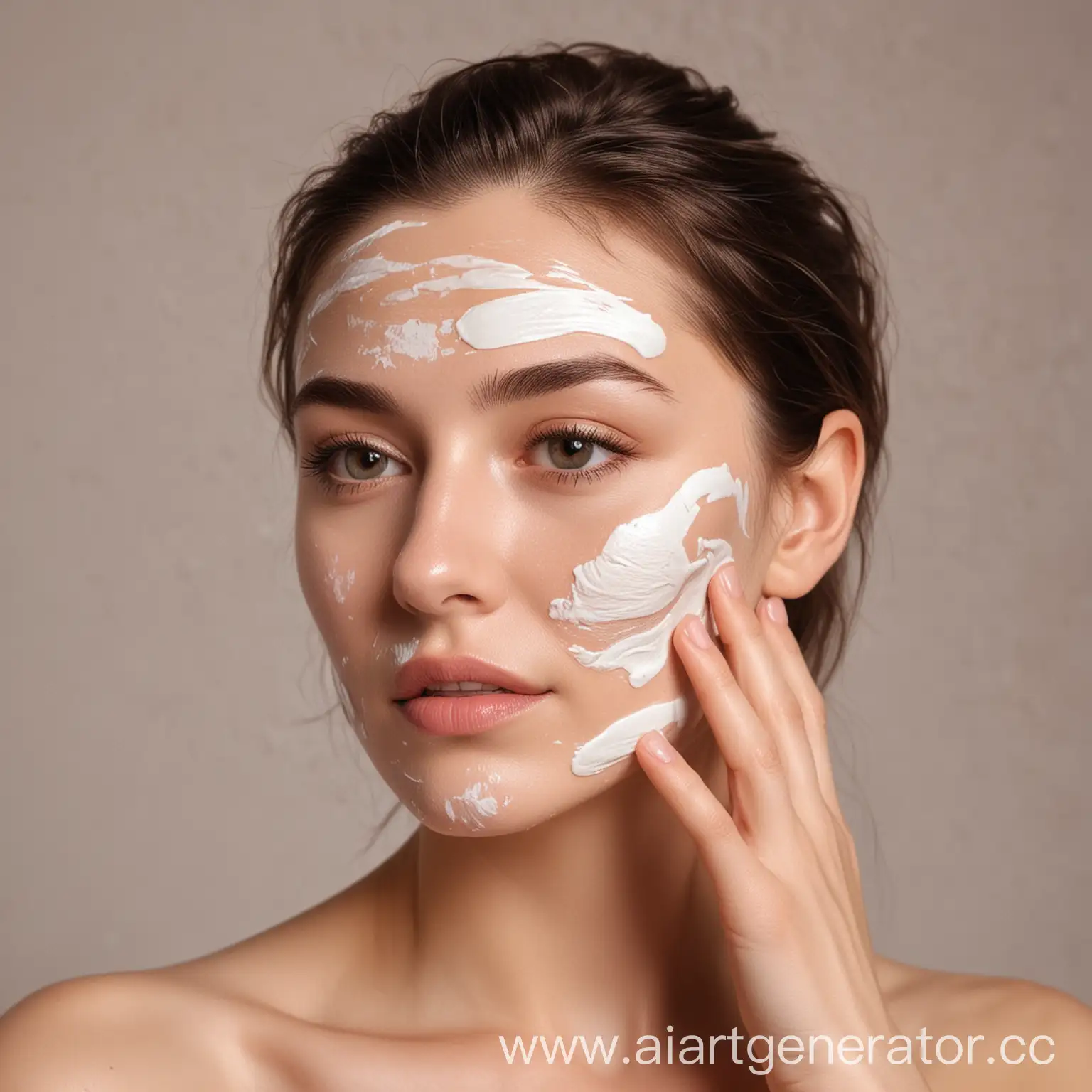 women up to her shoulders smears the skin of her face with cream