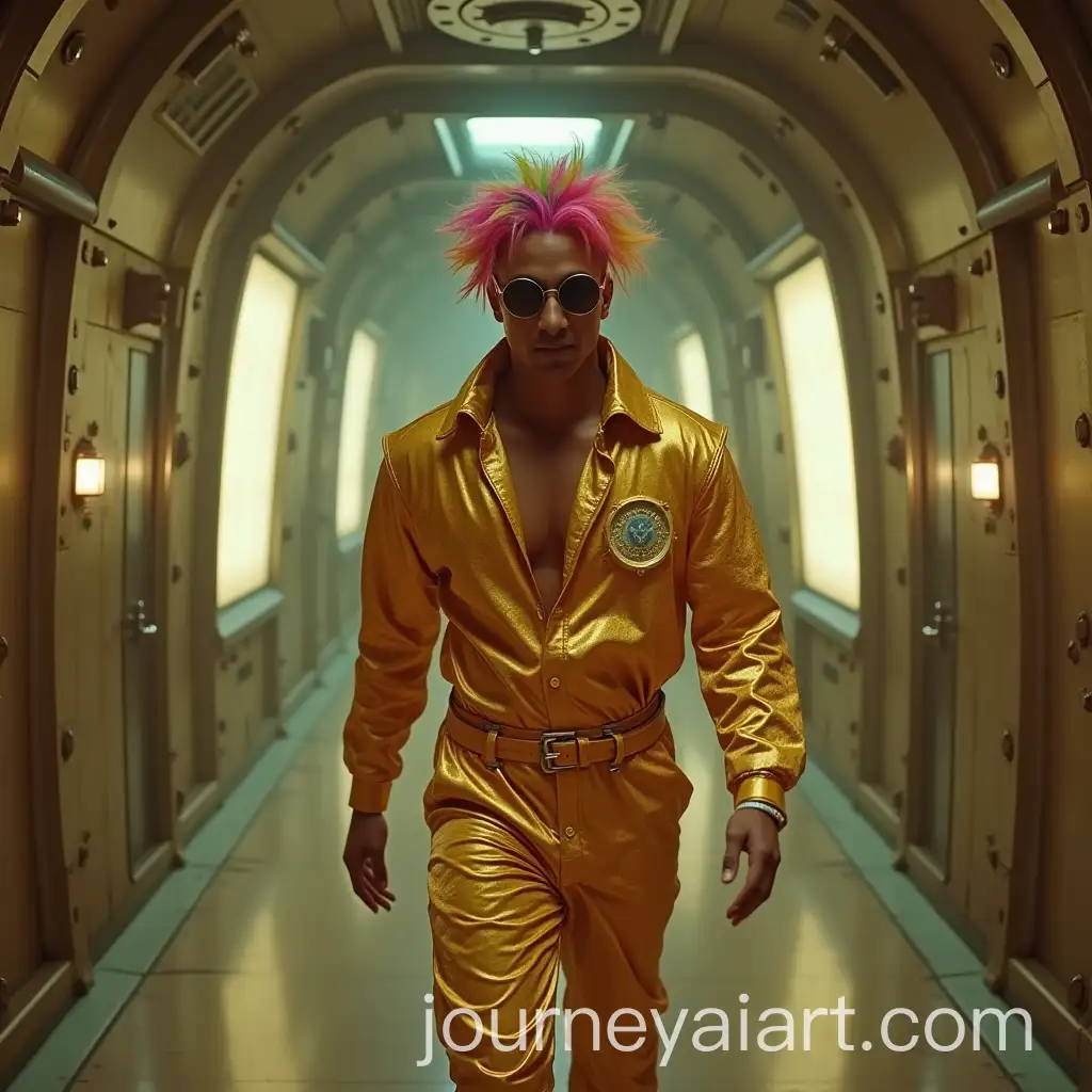 Futuristic-Man-in-Golden-Attire-Walking-in-Spaceship-Corridor
