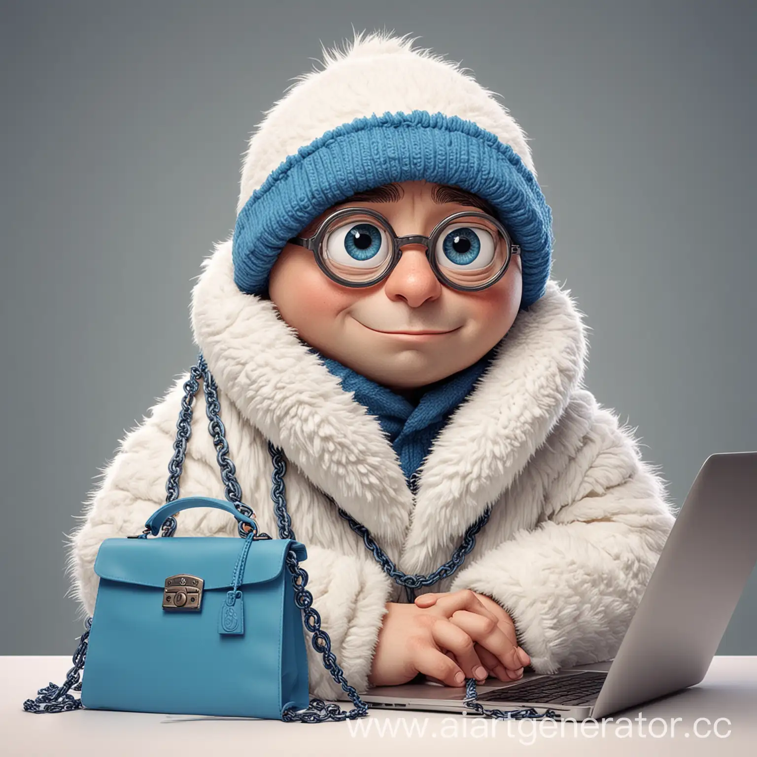 Cartoon-Character-in-a-Blue-Hat-Using-a-Laptop-with-a-White-Fur-Coat-and-Chain