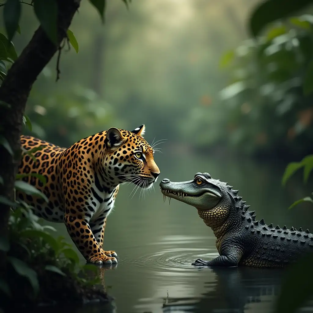 Generates an image of a leopard and a crocodile looking at each other face to face in a jungle 