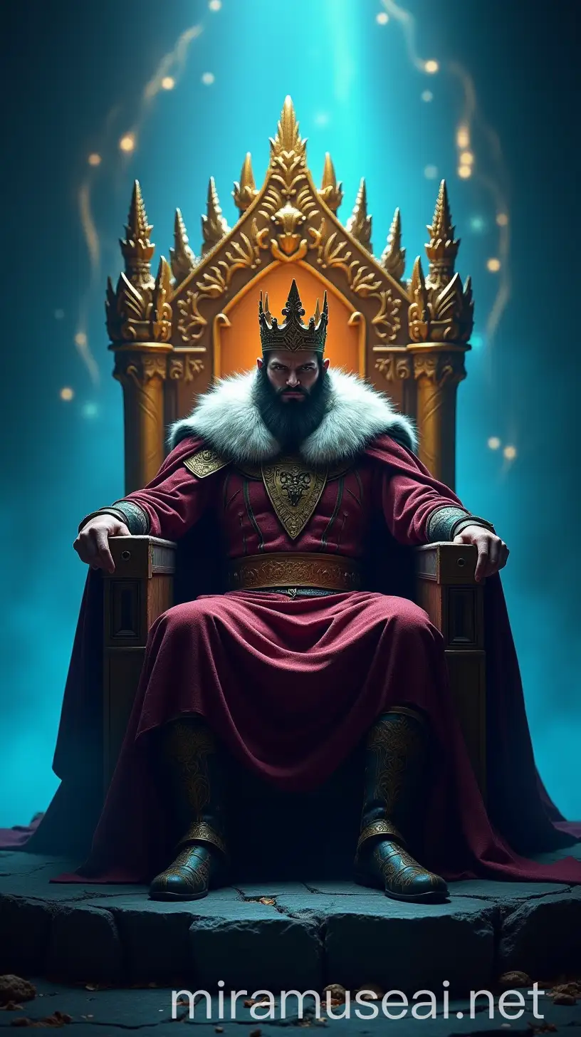 Realistic Video Game Style King on Stone Throne with Glowing Background