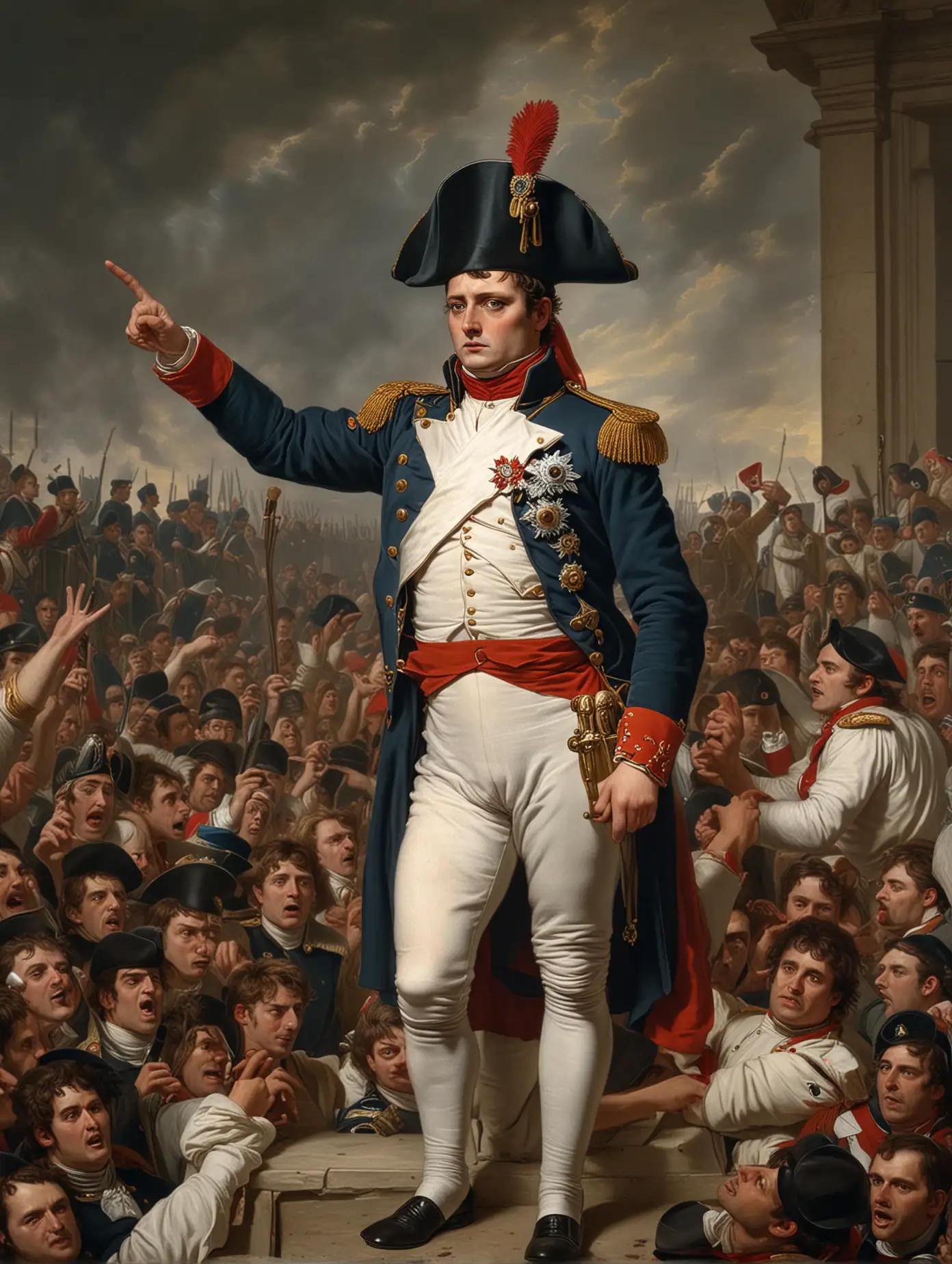 Napoleon on a podium in front of a crowd booing him, with police officers on standby, chaos and unrest unfolding around.