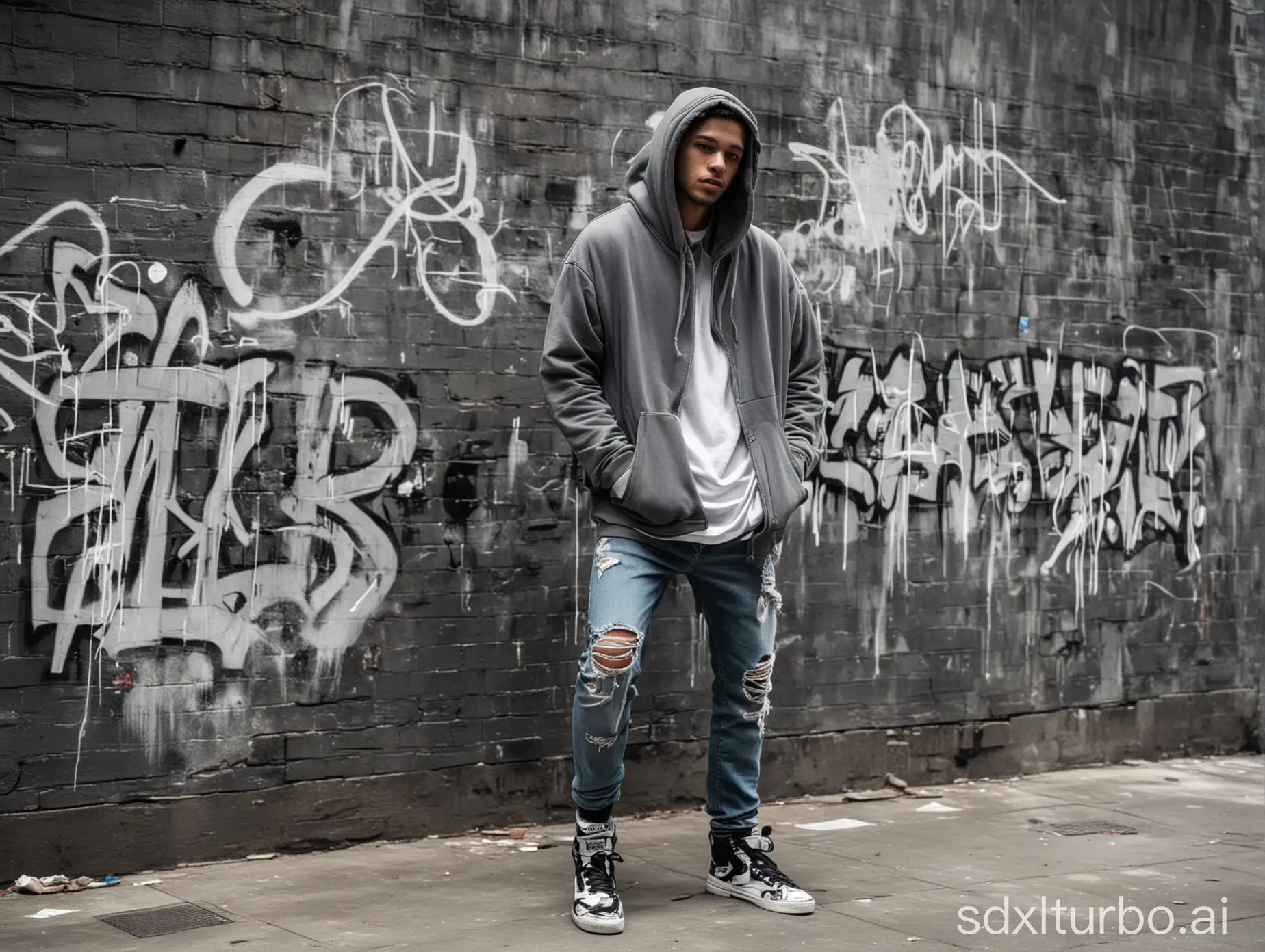 A man wearing an oversized hoodie with distressed jeans and high-top sneakers, set against a graffiti-covered wall.