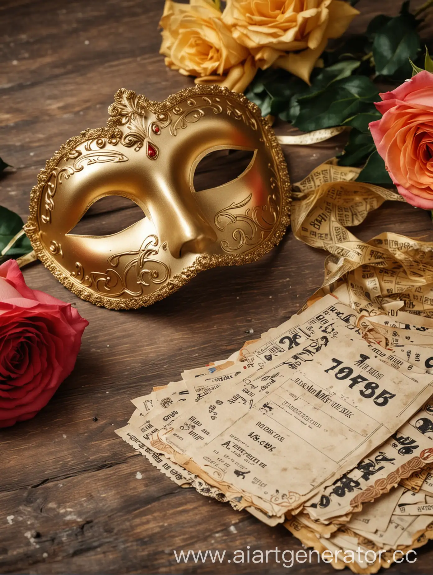 Elegant-Golden-Carnival-Mask-with-Ball-Tickets-and-Roses