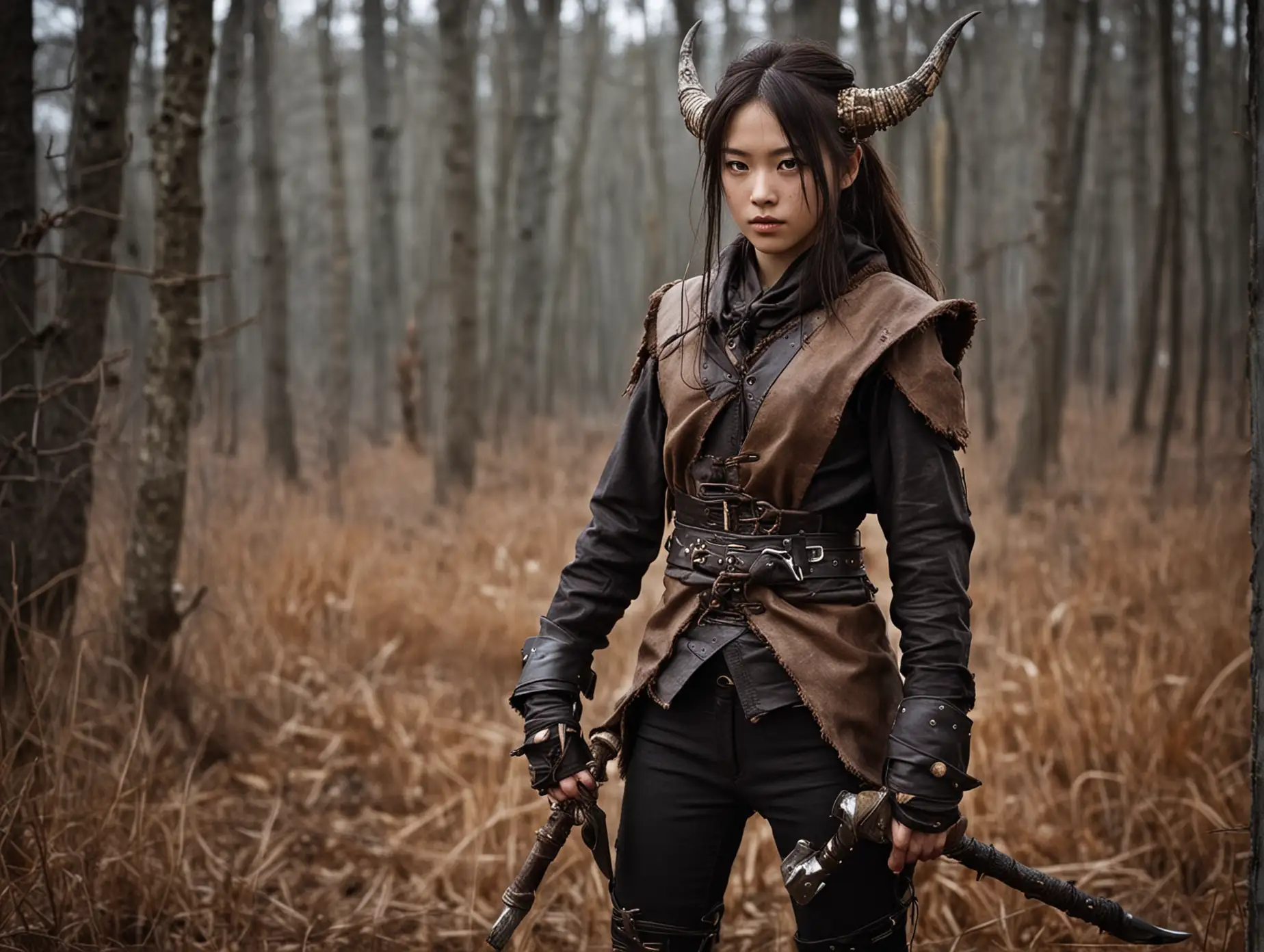 SeventeenYearOld-Girl-in-Primitive-Hunter-Costume-with-Horns-Mask-and-Gleaming-Axe