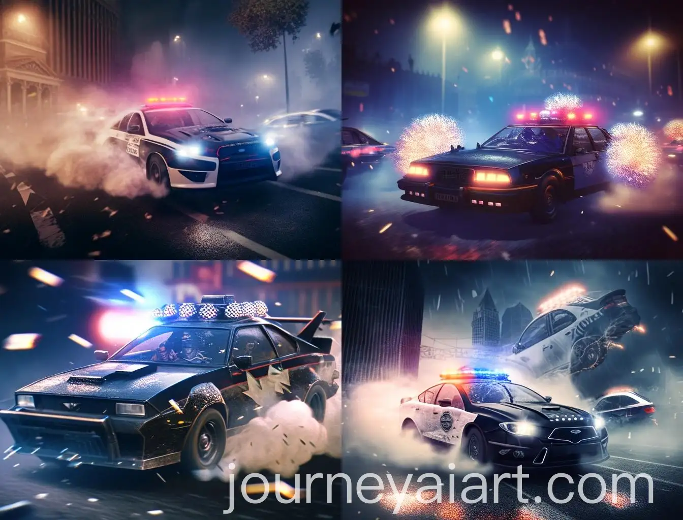 Hyper-Realistic-Police-Car-Surrounded-by-Shiny-Black-Sharks-with-Smoke-and-Sparks