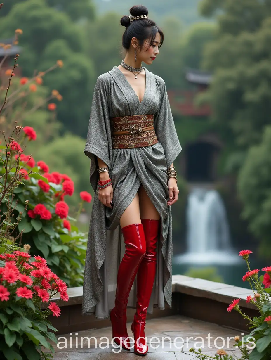 Japanese-Model-in-Grey-Kimono-and-Red-ThighHigh-Boots-on-Rooftop-Garden-with-Waterfall