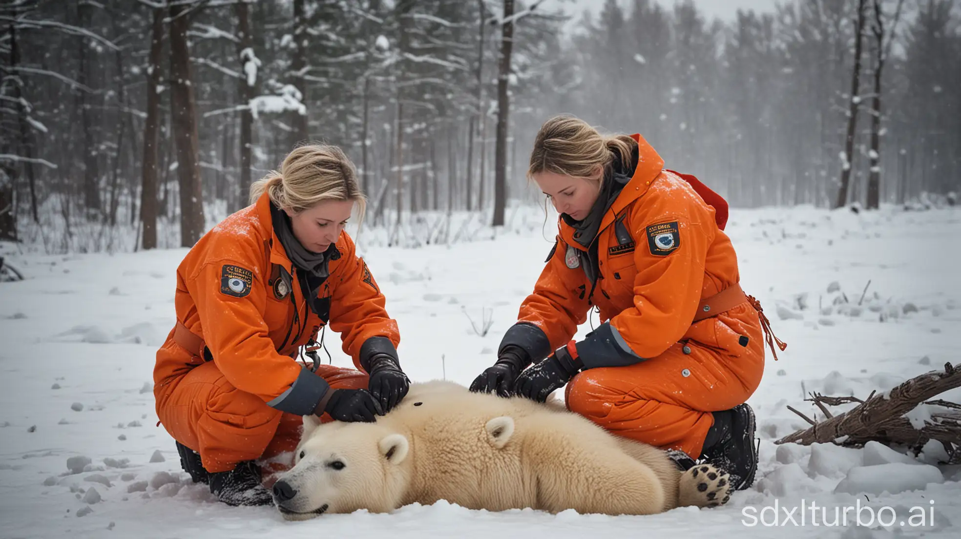 Create an image of the serious rescuers working together to treat the injured mother of cute polar bear legs. cab mother leg is reddish due to wounded. Polar cute bear cab is sat near to her mother. One beautiful woman is applying a bandage to the bear’s leg, while the 2nd beautiful woman and 3rd man rescuer carefully places a splint. The 2nd beautiful woman rescuer offers support, checking the bear's vitals. Their expressions are focused and caring, and the soft lighting emphasizes the emotional intensity of the moment. environment: heavy snow falls and thunderstorm. all rescuers are wearing orange uniform. total 3 person in image. 2 women and one man. The big text “ODDWORLD ENCOUNTERS” has the name of on orange uniform side arms and this is rescuer company. Negative Prompt: multiple legs