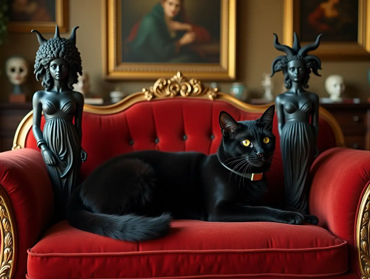 Black-Cat-with-Medusa-Statues-on-Rustic-Red-Sofa-in-1970s-Decor-Living-Room