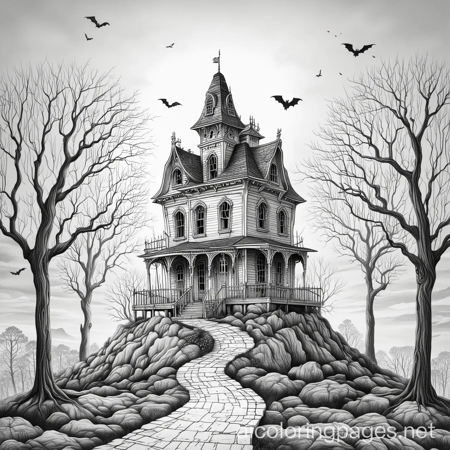 Eerie-Hilltop-Haunted-House-with-Twisted-Trees-Coloring-Page