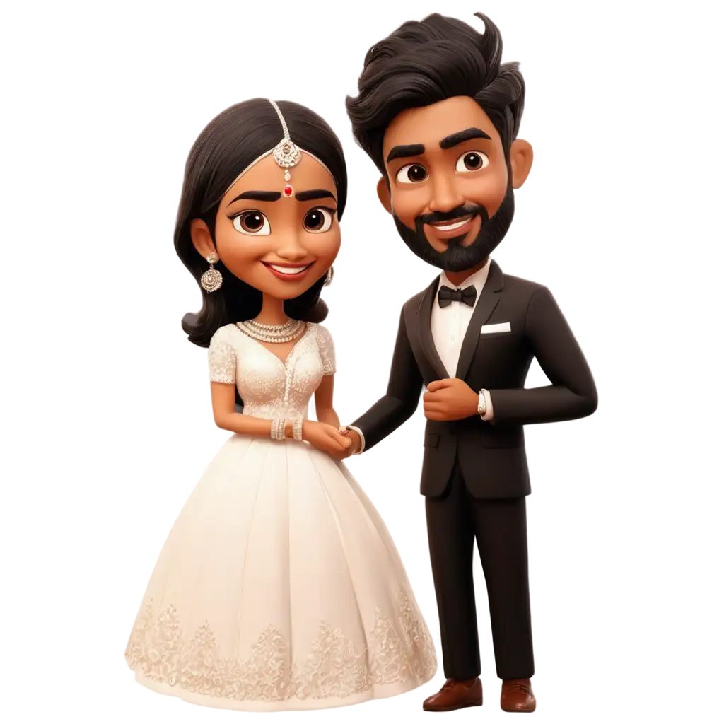 South-Indian-Engagement-Caricature-PNG-Dusky-Groom-in-Black-Suit-and-Bride-in-White-Frock