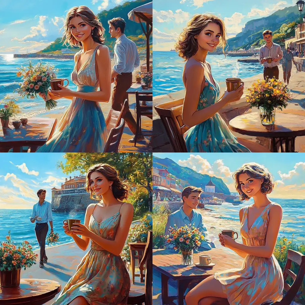 Cheerful-Girl-with-Coffee-and-Bouquet-on-SunDrenched-Alushta-Embankment